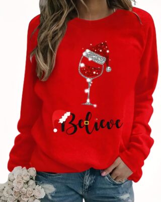 Christmas sweater with shiny pattern long sleeves for women with pattern believe red fashionable very high quality