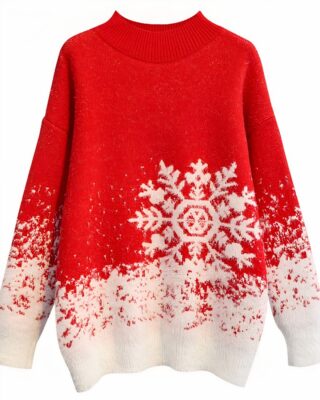 Fashionable red and white thick turtleneck Christmas sweater for women