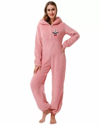 Fleece jumpsuit with logo for woman in pink worn by a fashionable woman