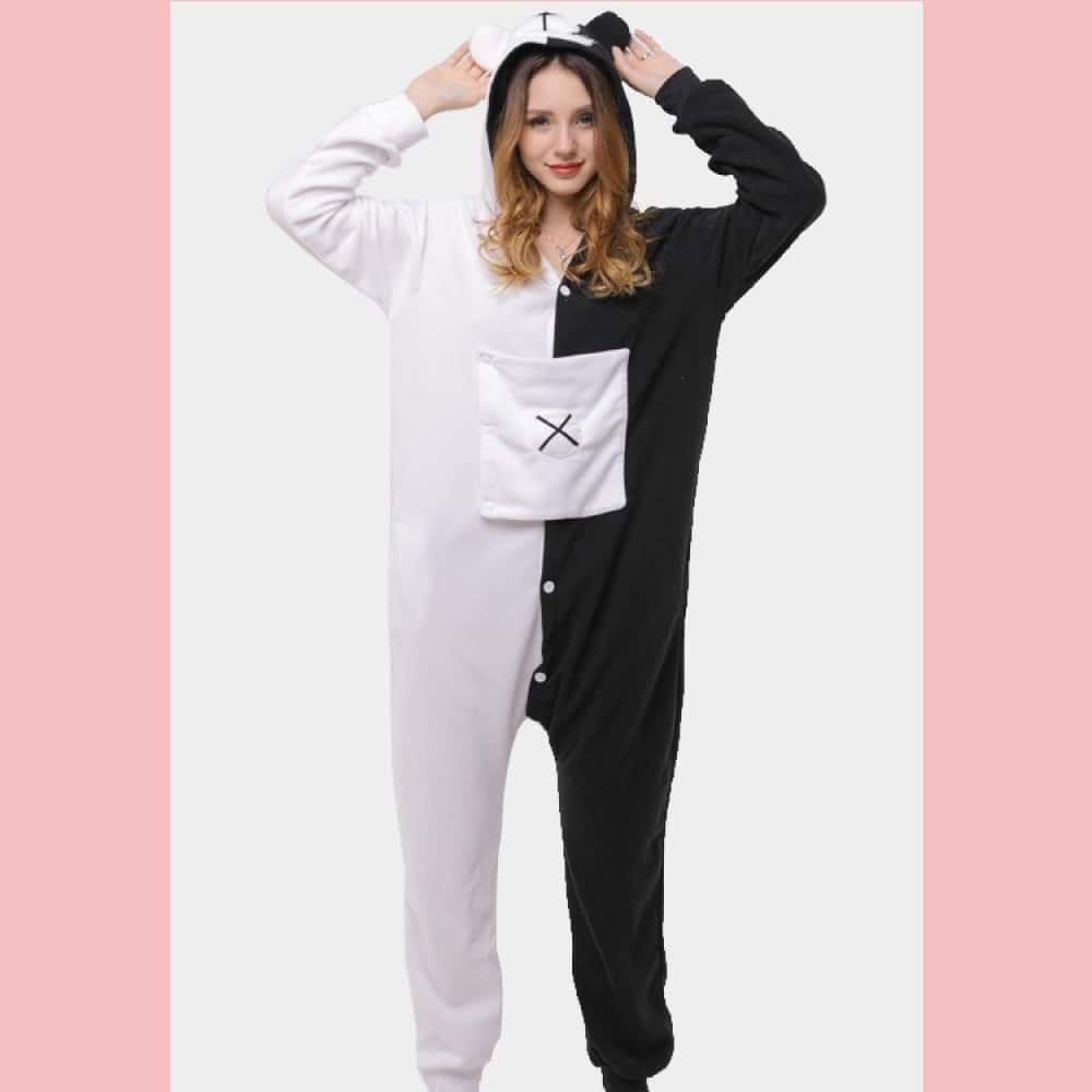 Two-tone panda pyjama suit for woman white and black worn by a woman