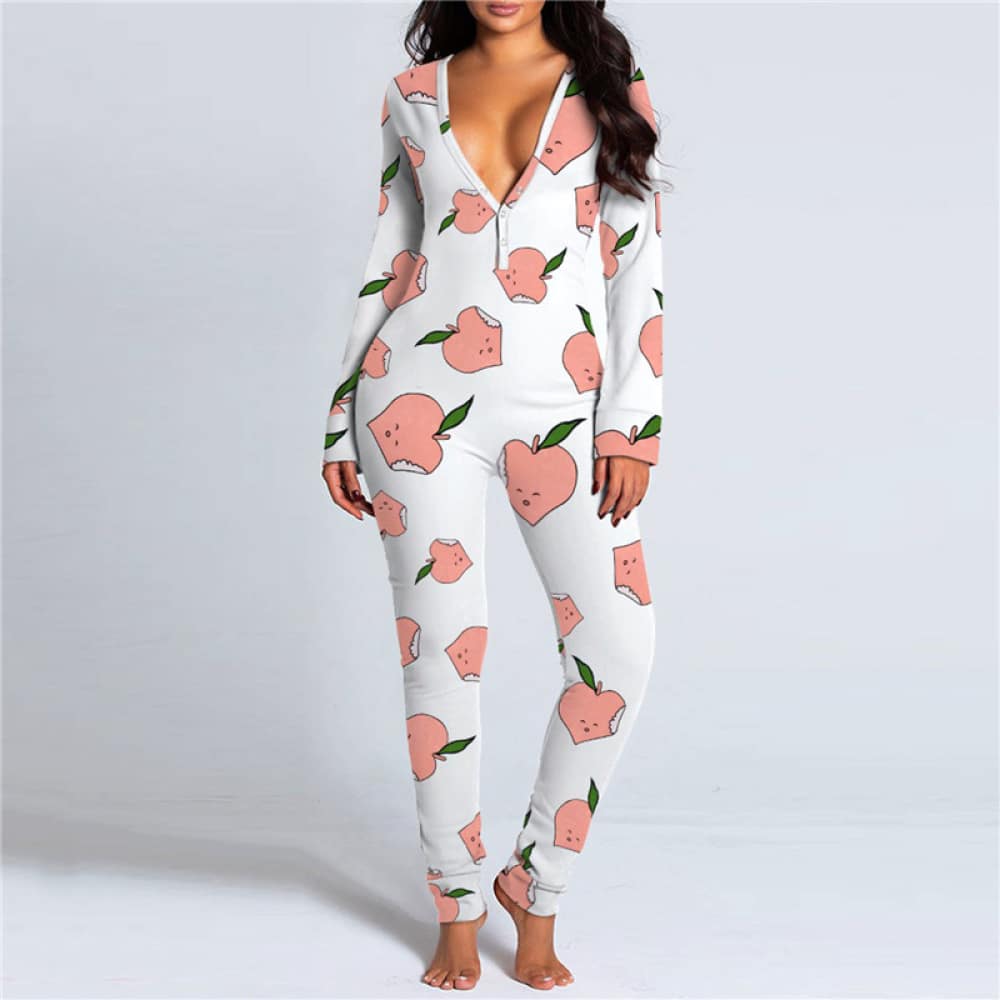 White one-piece pajamas with heart-shaped apple patterns. The pajamas are sexy with its plunging neckline.