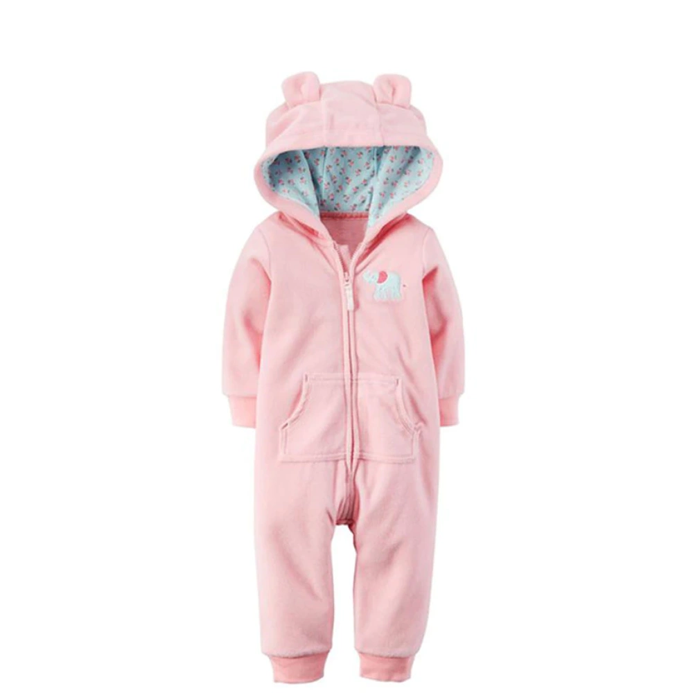 Cute pink baby jumpsuit with fashionable hood