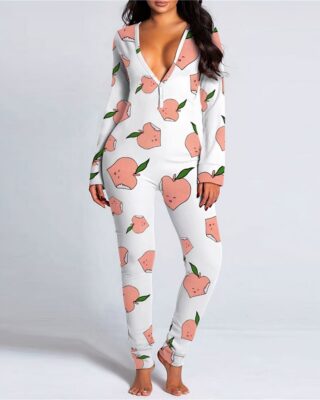 White one-piece pajamas with heart-shaped apple patterns. The pajamas are sexy with its plunging neckline.