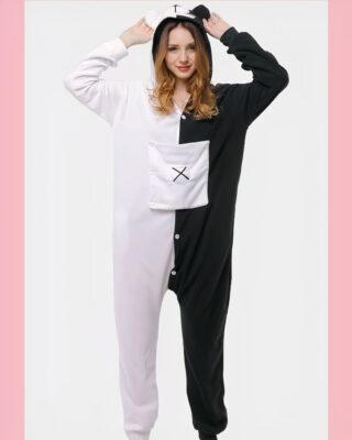 Two-tone panda pyjama suit for woman white and black worn by a woman