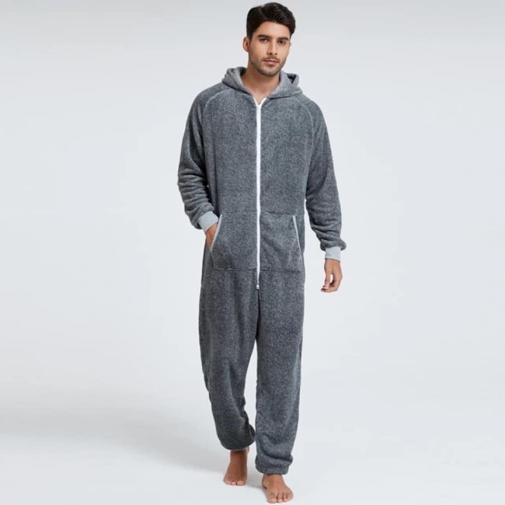 Very high quality grey fleece pajama suit worn by a fashionable man
