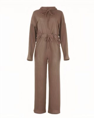 Fashionable brown women's knitted hooded winter pajamas