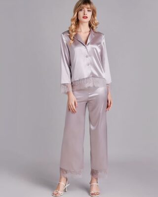 Chic lace and satin pajama set for women worn by a fashionable woman