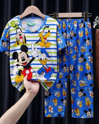 Disney blue summer pajamas for children on a belt in a house