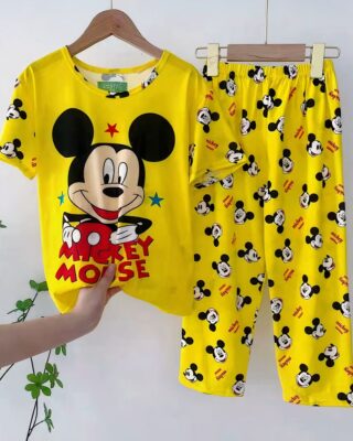 Mickey Mousse yellow summer pajamas for kids on a belt in a house