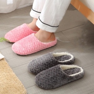 Fashionable pink and grey plush winter slippers