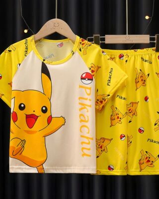 Pikachu summer pajamas for child yellow on a belt in a house