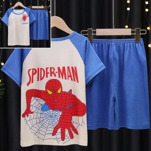 Short-sleeved summer pajamas Spiderman blue fashion on a belt