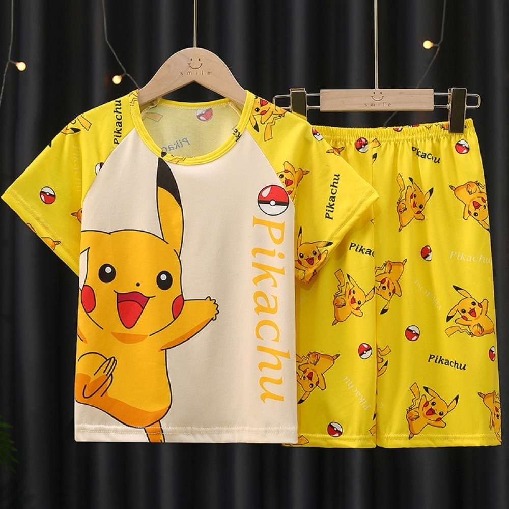Pikachu summer pajamas for child yellow on a belt in a house