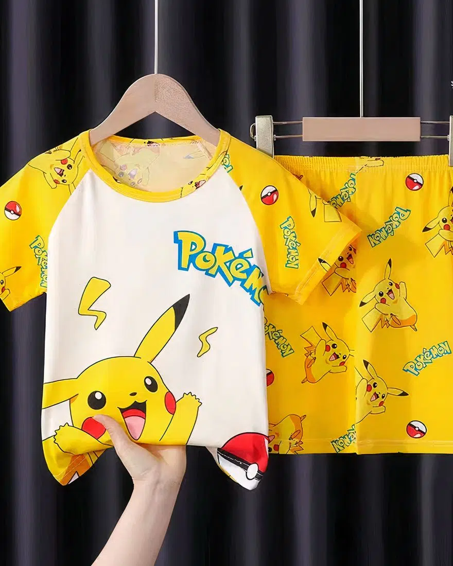 Pokémon Pikachu summer pajamas for children yellow on a belt in a house