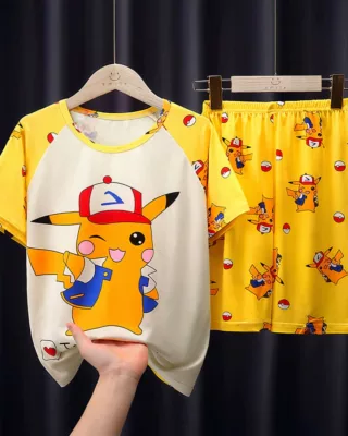 Summer pajamas for children Pikachu wink cotton fashionable on a belt in a house