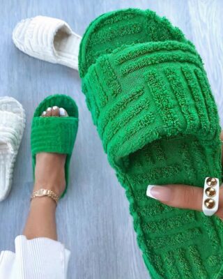 Trendy green and white plush slipper