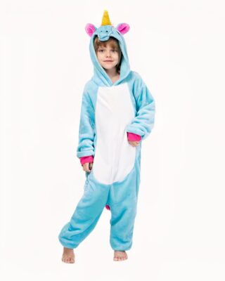 Blue unicorn jumpsuit with a little girl wearing the pajamas and a white background