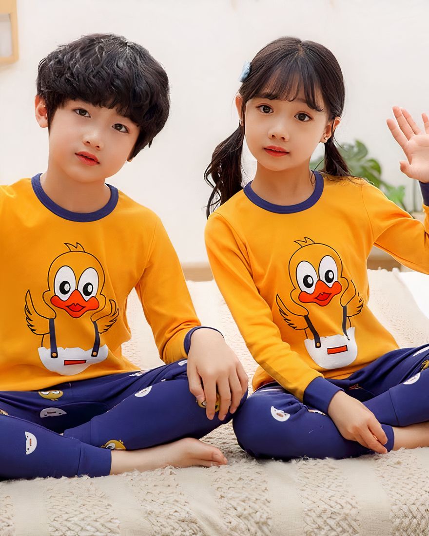 Spring pajamas with yellow sweater and blue pants for children with two children wearing the pajamas