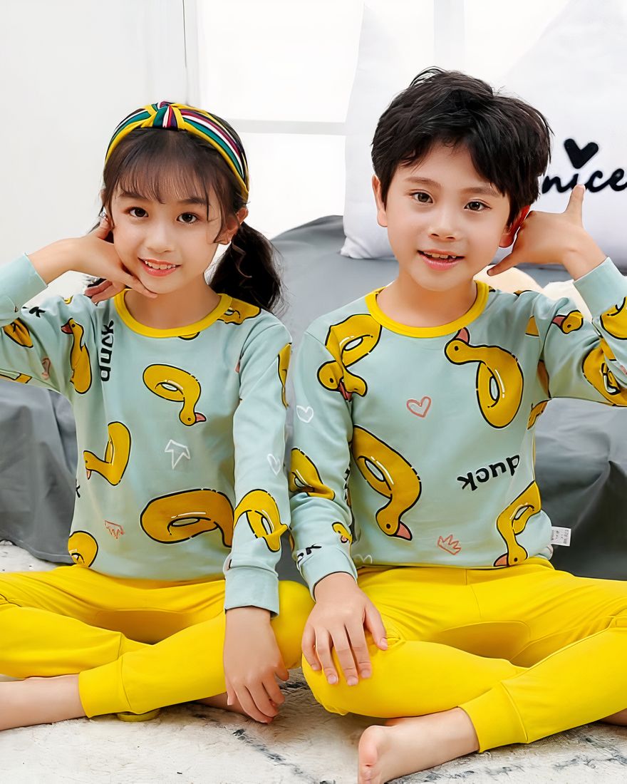 Spring two-piece duck pajamas for children with two children wearing the pajamas