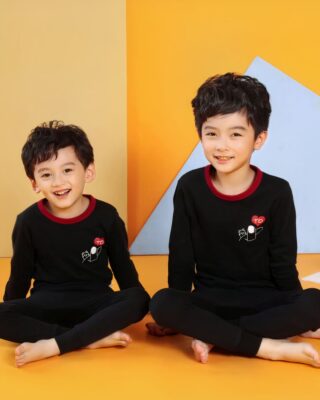 Black spring pajamas with red collar for boys black with orange background