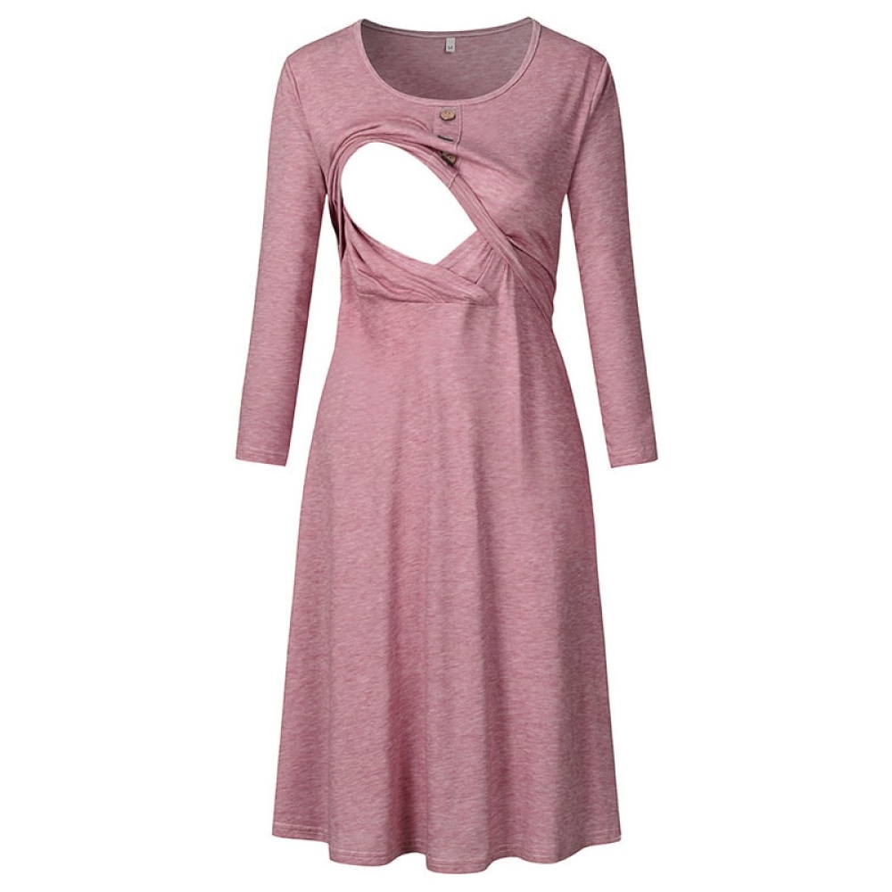 Pink nursing dress with long sleeves on a white background, and one side of the chest is open to show the opening for nursing