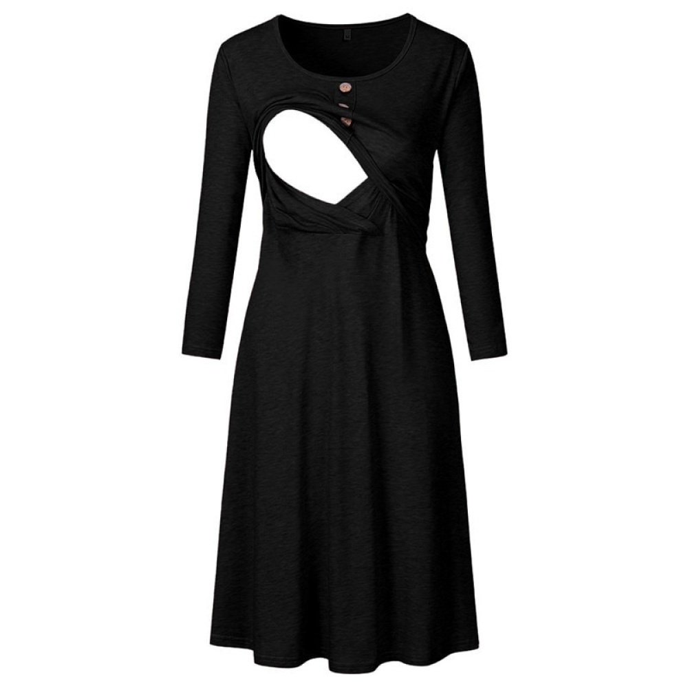 Black nursing dress with long sleeves on a white background, and one side of the chest is open to show the opening for nursing