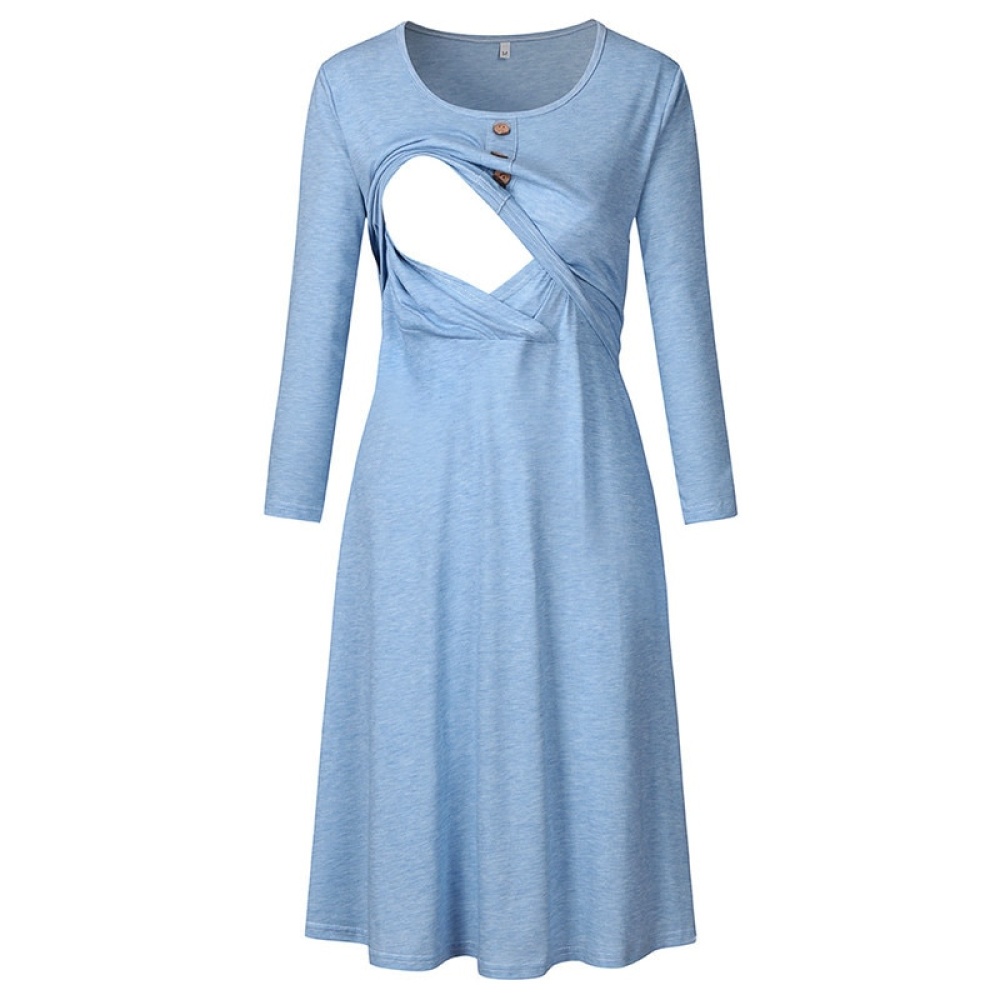 Blue nursing dress with long sleeves on a white background, and one side of the chest is open to show the opening for nursing