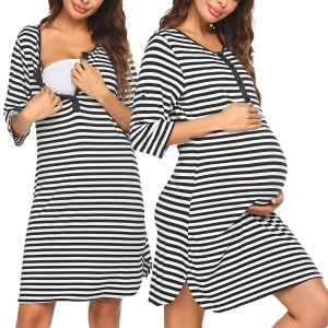 Two images of the same long haired brunette woman wearing a black horizontal striped nursing nightgown, on the left image she is showing how to open the nightgown to nurse, and on the right she is holding her belly from underneath with one hand and has the other hand resting on it and is standing slightly in profile