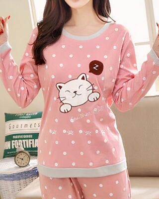 Cute pink and gray cat hot pajamas with a woman wearing the pajamas