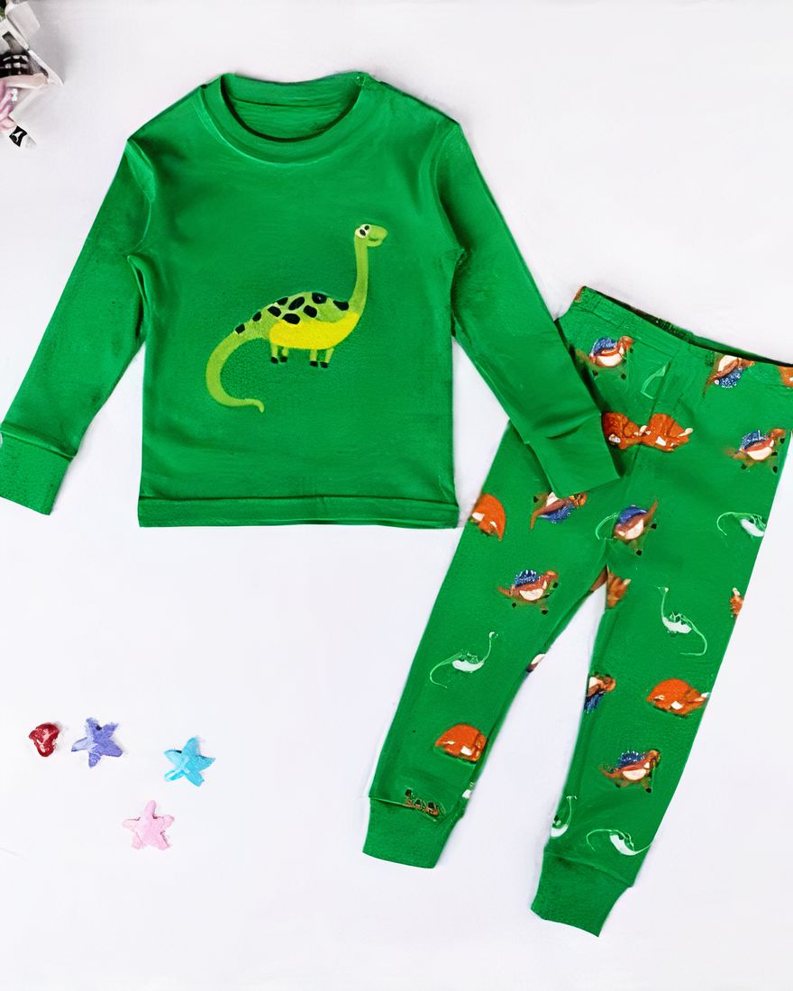 Green dinosaur pajama set with white background