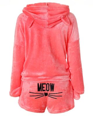 Pink fleece pajamas with long sleeves. The pajamas have a hood with cat ears on it. On the back of the shorts, there is a cat mustache design with MEOW written on it.