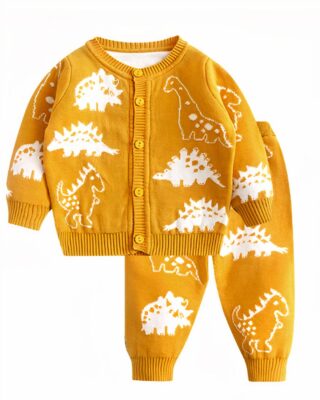 Yellow knitted pajamas with white dinosaur design and white background