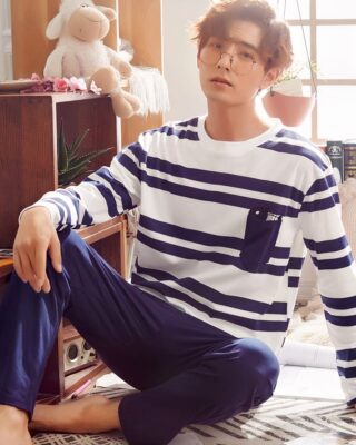 Cotton pajamas with navy blue striped white sweater and navy blue pants very high quality fashionable, worn by a man