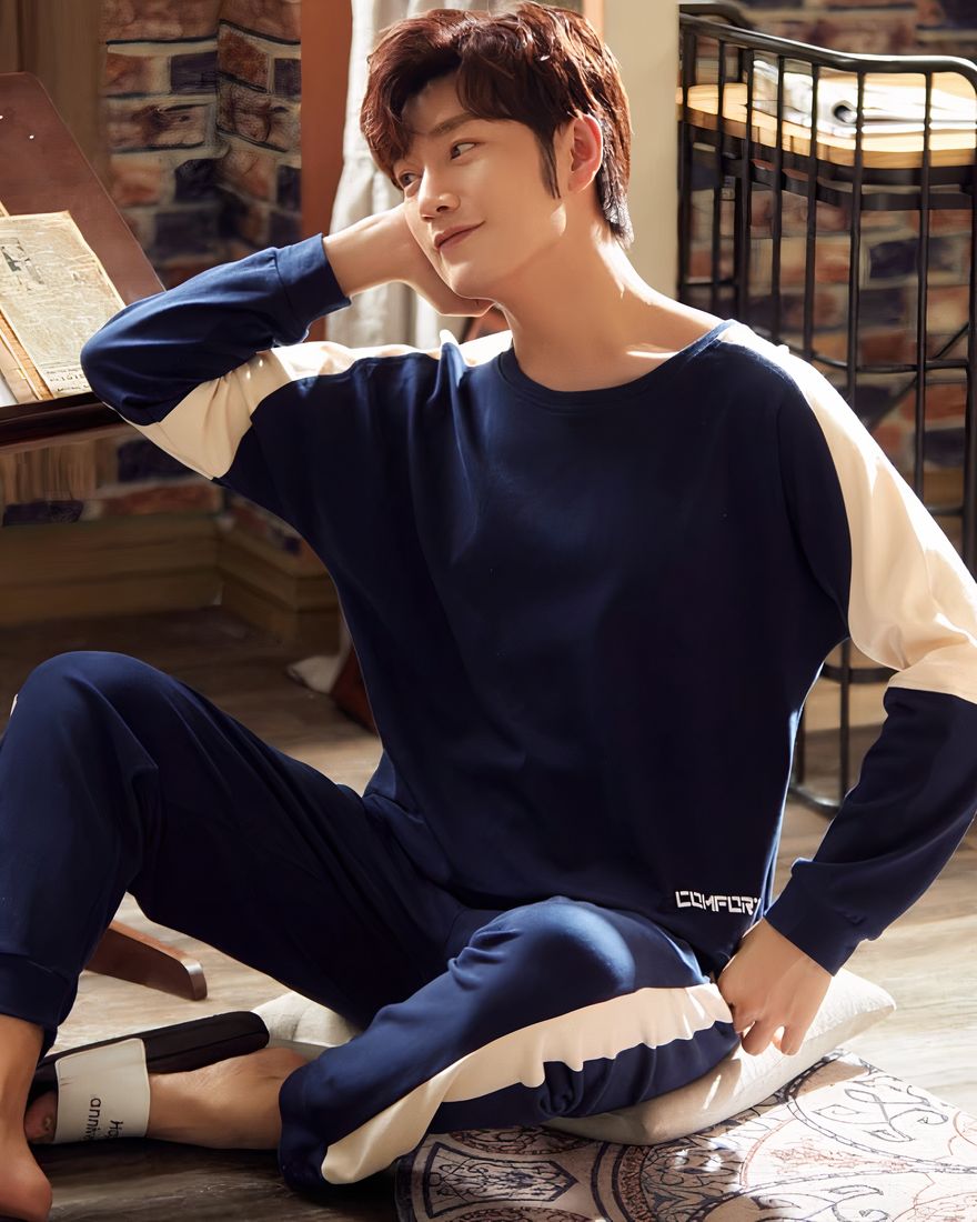 Navy blue pajamas with sweater and fashionable cotton pants, worn by a man, very high quality