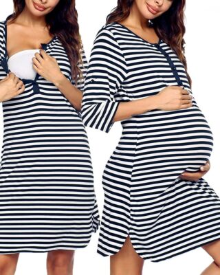 Two images of the same long haired brunette woman wearing a black horizontal striped nursing nightgown, on the left image she is showing how to open the nightgown to nurse, and on the right she is holding her belly from underneath with one hand and has the other hand resting on it and is standing slightly in profile