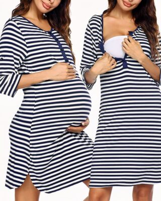 Two images of the same long haired brunette woman wearing a dark blue horizontal striped nursing nightgown, on the left image she is showing how to open the nightgown to nurse, and on the right she is holding her belly underneath with one hand and has the other hand resting on it and is standing slightly in profile