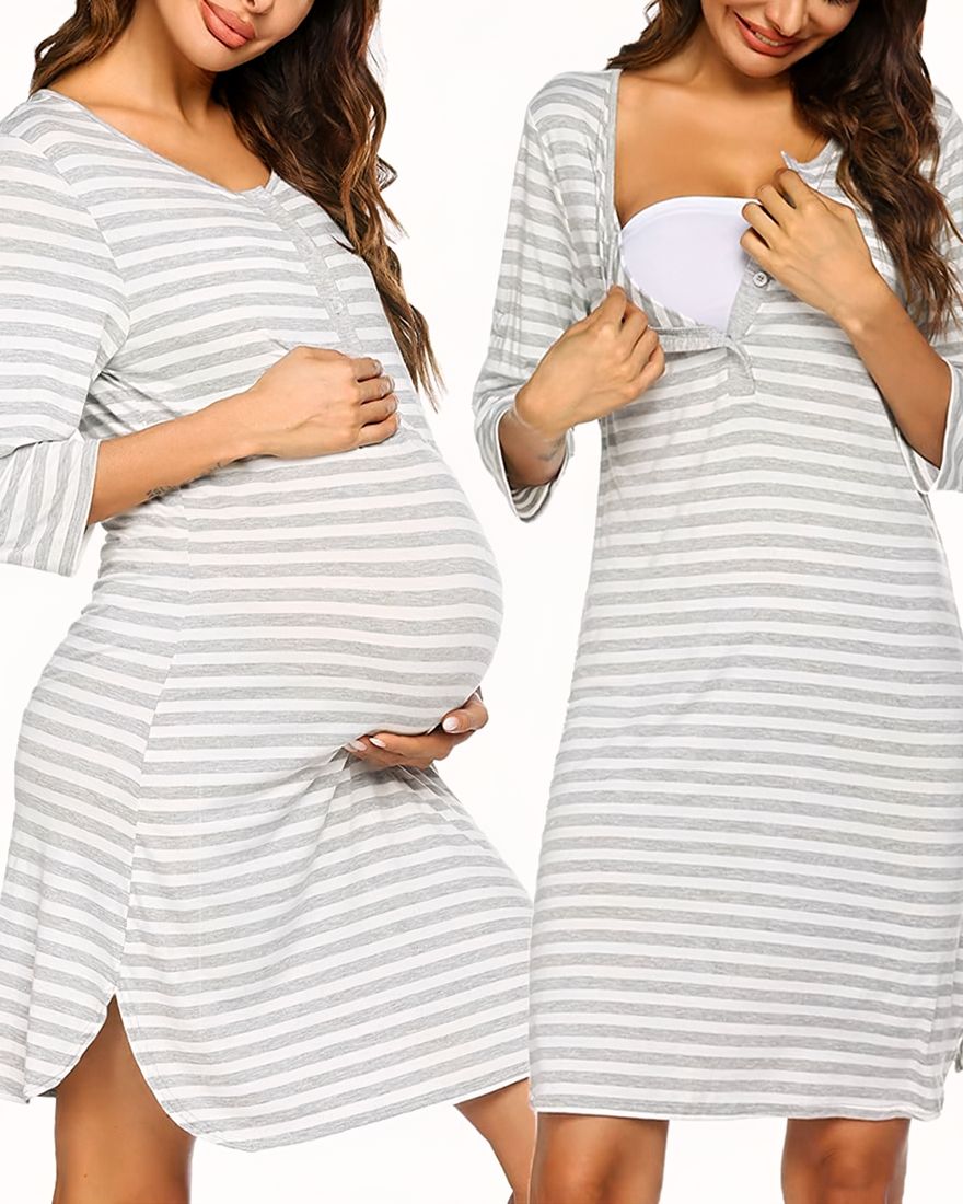 Two images of the same long haired brunette woman wearing a grey horizontal striped nursing nightgown, on the left image she is showing how to open the nightgown to nurse, and on the right she is holding her belly from underneath with one hand and has the other hand resting on it and is standing slightly in profile