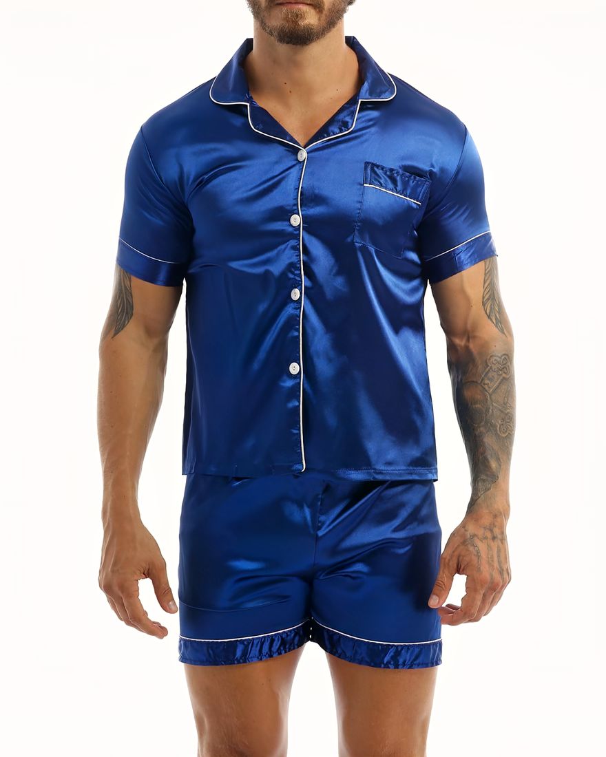 Pyjamas in red satin worn by a man tattooed on his left arm, the pyjamas are composed of shorts and a shirt with buttons on the front