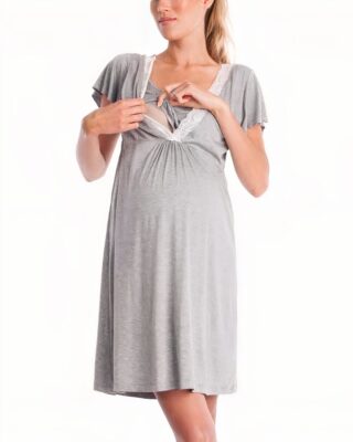 Grey pregnant nightgown with a pregnant woman wearing the shirt and a white background