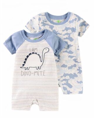 One-piece romper pajamas with dinosaur and camouflage pattern for baby with white background