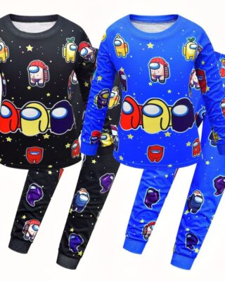 Two children's pajamas among us. One pyjama is composed of two blue pieces and the second one of two black pieces