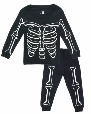 Black phosphorescent skeleton pajamas with white background