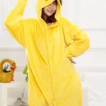 Pikachu jumpsuit with a woman wearing pajamas and a bedroom background