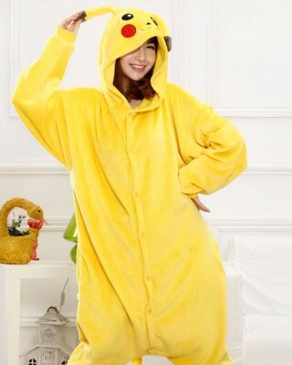 Pikachu jumpsuit with a woman wearing pajamas and a bedroom background