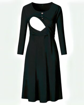 Black nursing dress with long sleeves on a white background, and one side of the chest is open to show the opening for nursing