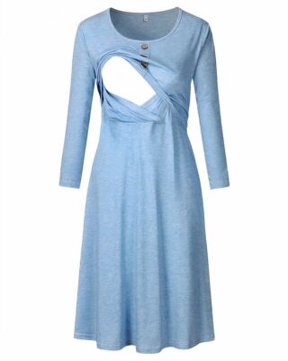 Blue nursing dress with long sleeves on a white background, and one side of the chest is open to show the opening for nursing