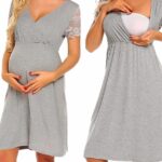 Grey nightdress for pregnant women that facilitates breastfeeding. It is worn by a blonde woman