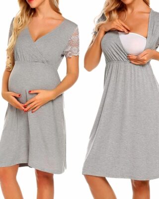 Grey nightdress for pregnant women that facilitates breastfeeding. It is worn by a blonde woman