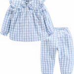 Blue pajamas for child with checks composed of two pieces, a top in the shape of shirt and a bottom in the shape of pants