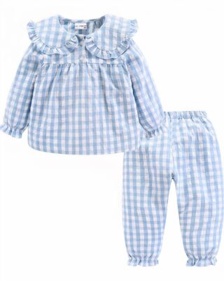 Blue pajamas for child with checks composed of two pieces, a top in the shape of shirt and a bottom in the shape of pants